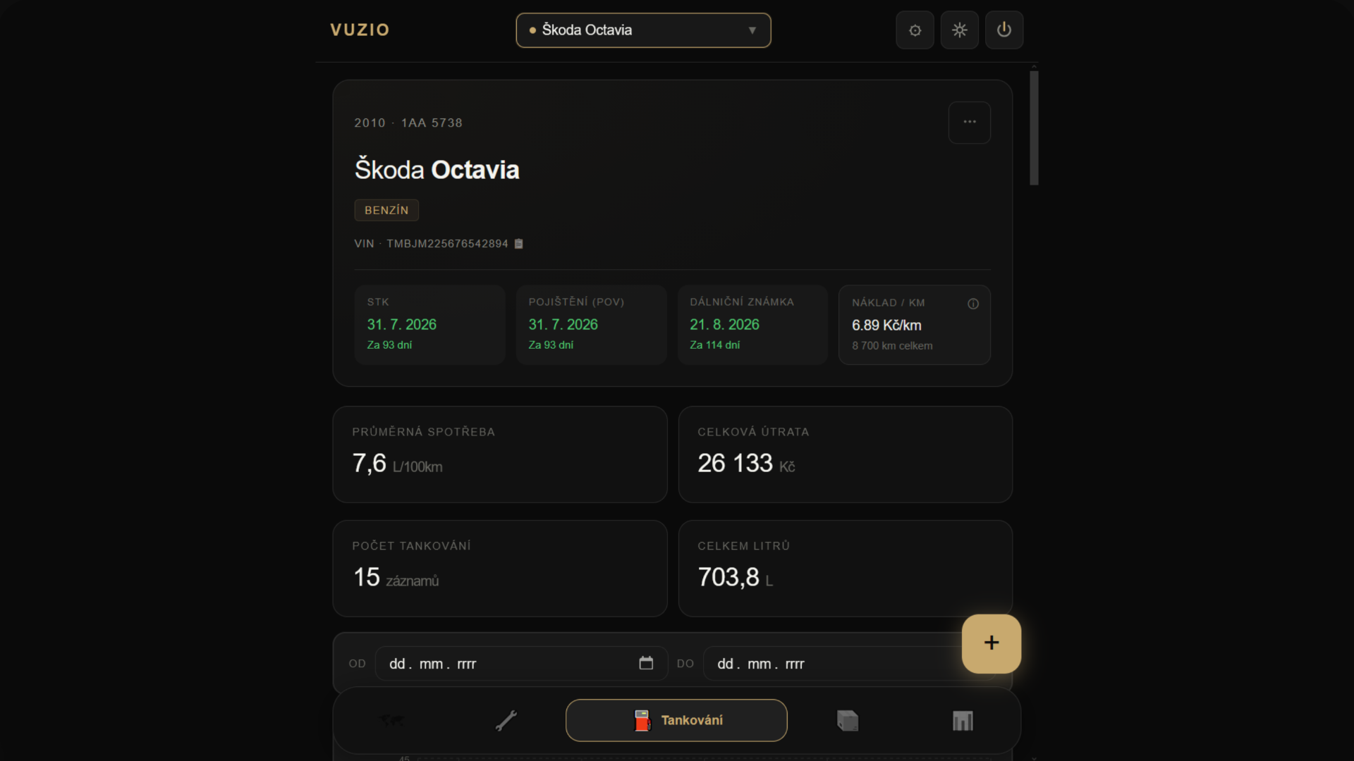 VUZIO aplikace – přehled vozidla