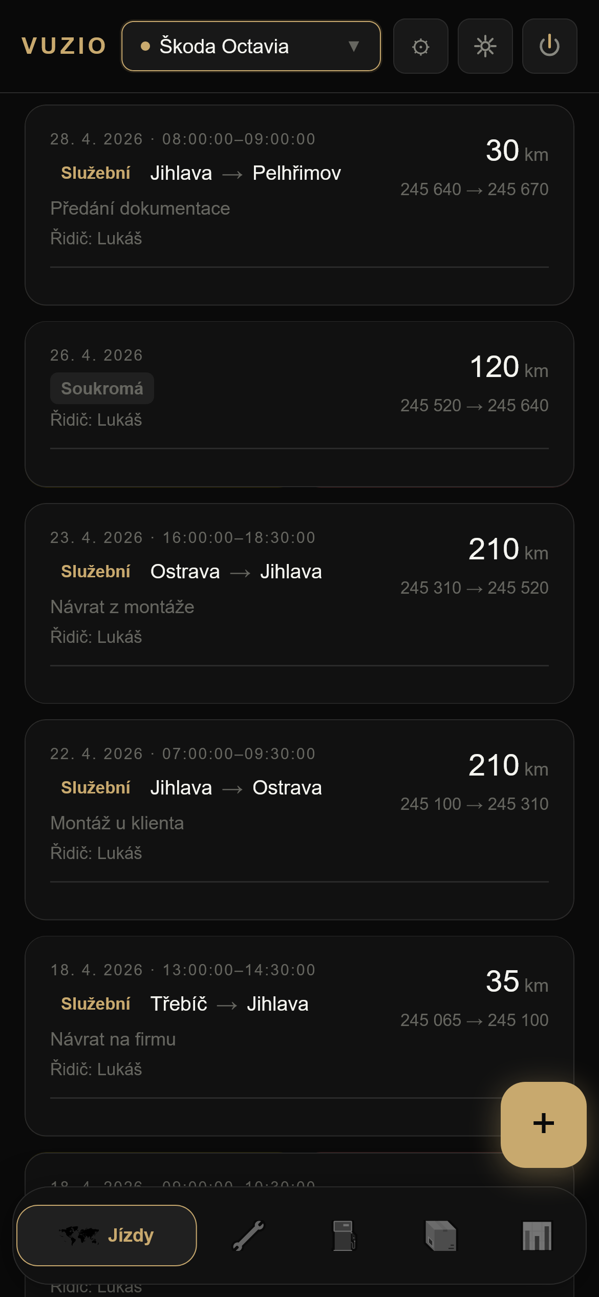 Kniha jízd ve VUZIO aplikaci