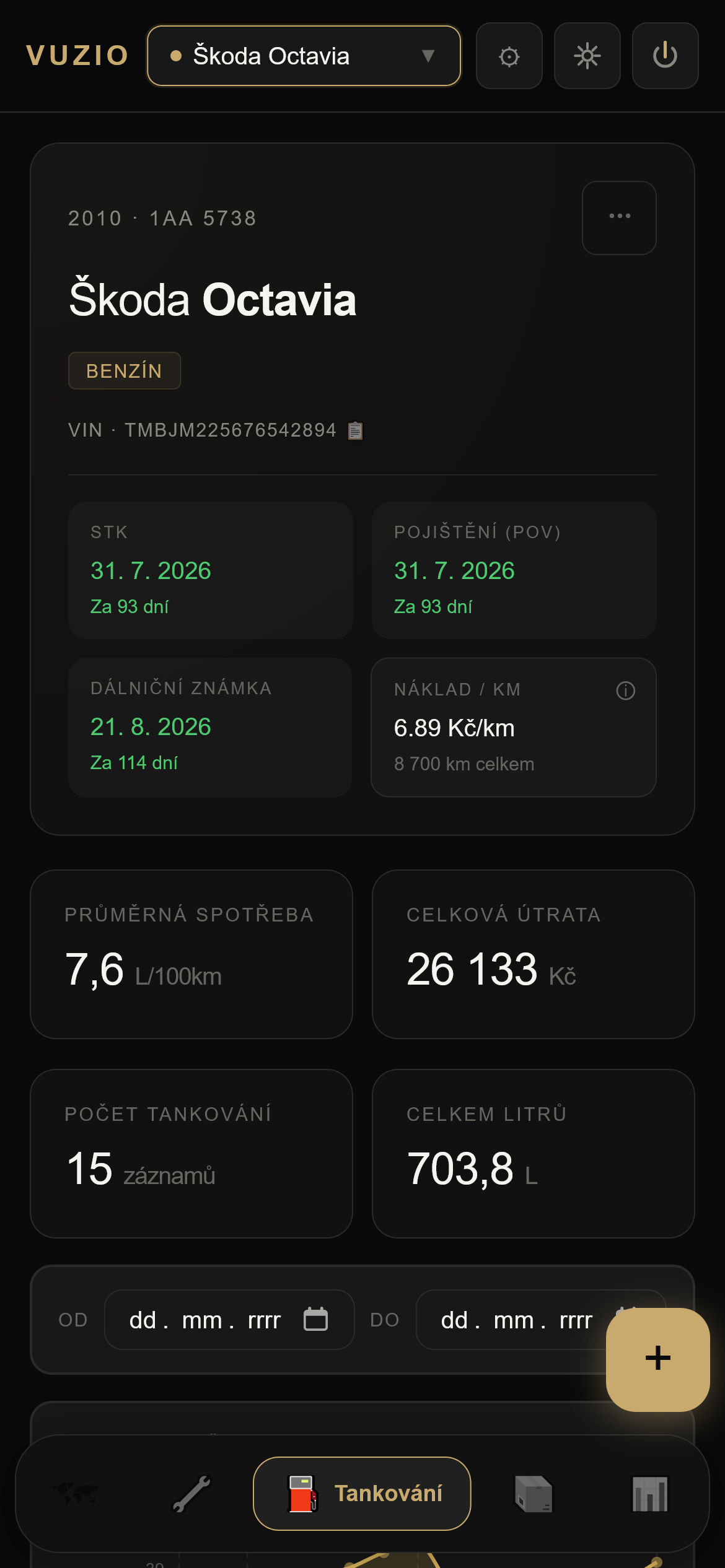 Přehled vozidla ve VUZIO aplikaci