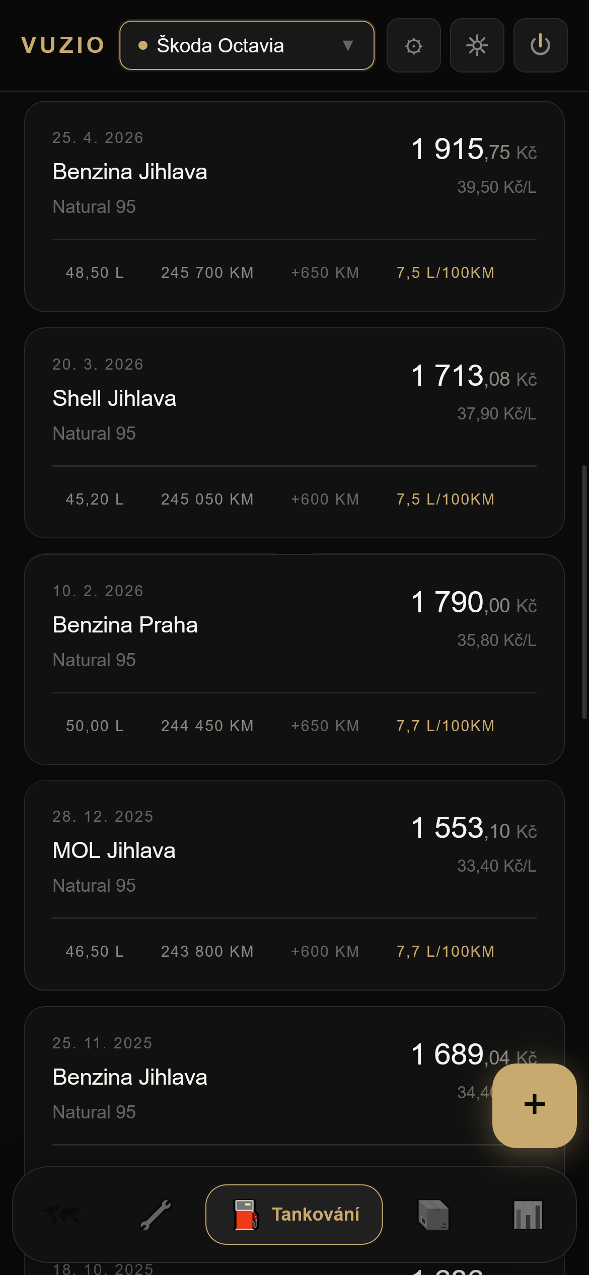Seznam tankování ve VUZIO aplikaci